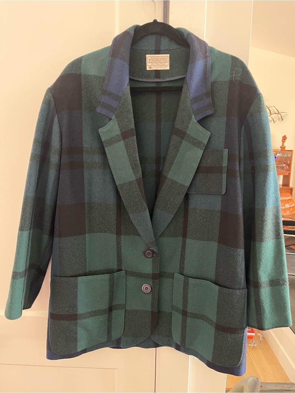 Vintage Pendleton Green and Navy Plaid tartan 100% Wool Pea Coat barn style coat
